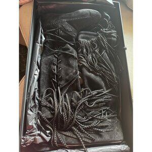 NWB Saint Laurent Black Suede Studded Fringe Flat Boots 36 MSRP $3,500+